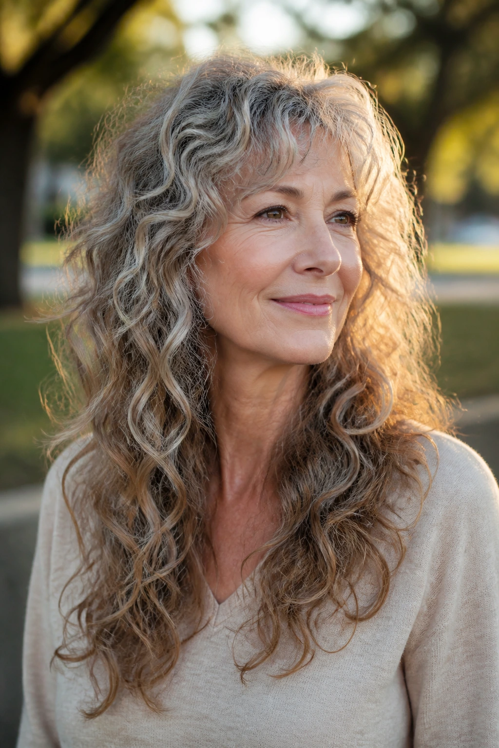 Close-up portrait of a real woman with long layered curly shag in golden hour light