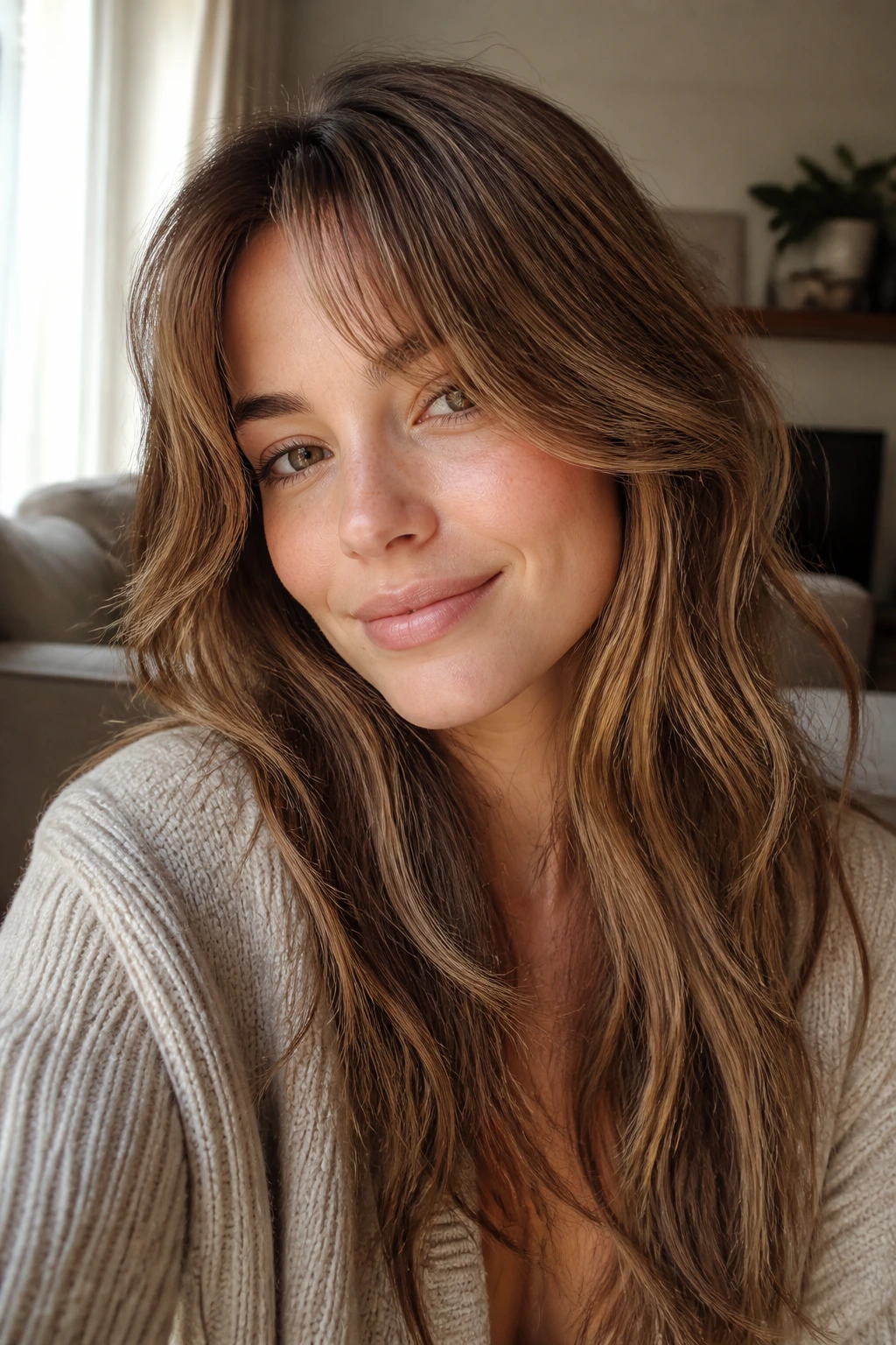 Close-up portrait of a real person with long layered curtain bangs in a cozy living room