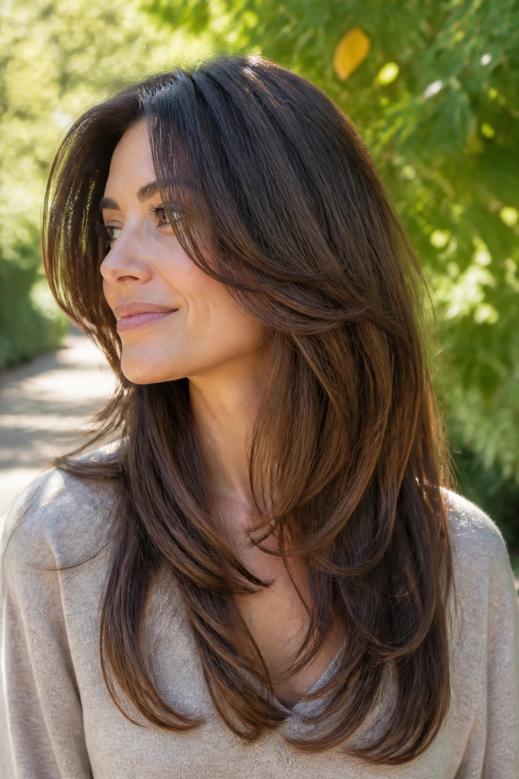 Portrait of a woman with a long layered curve, the front bend defined and layers flowing behind.
