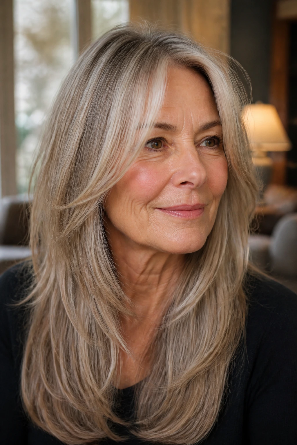 Portrait of a woman with a long layered cut and face-framing pieces