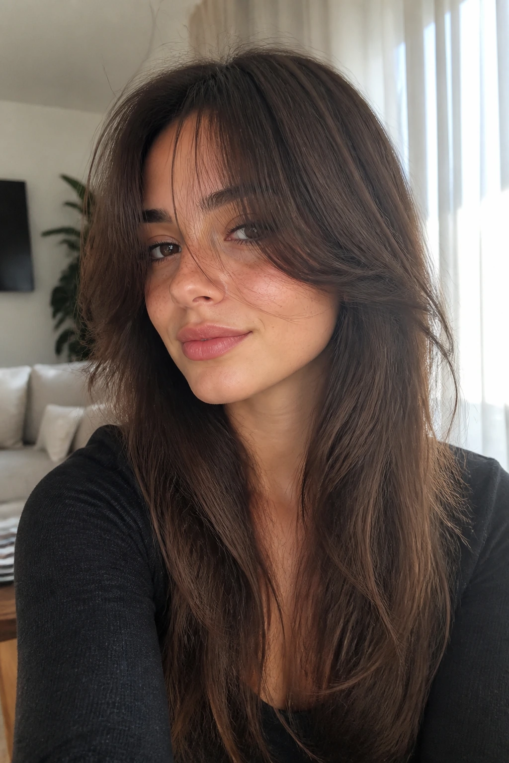Real woman displaying long layered fringe around nose and cheeks in bright room.