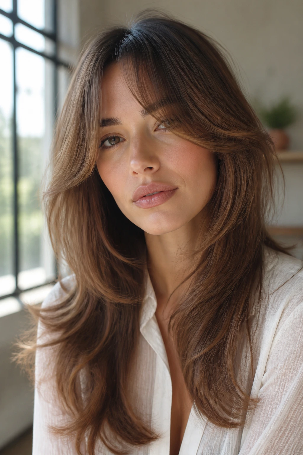 Portrait of a woman with long layered blowout fringe