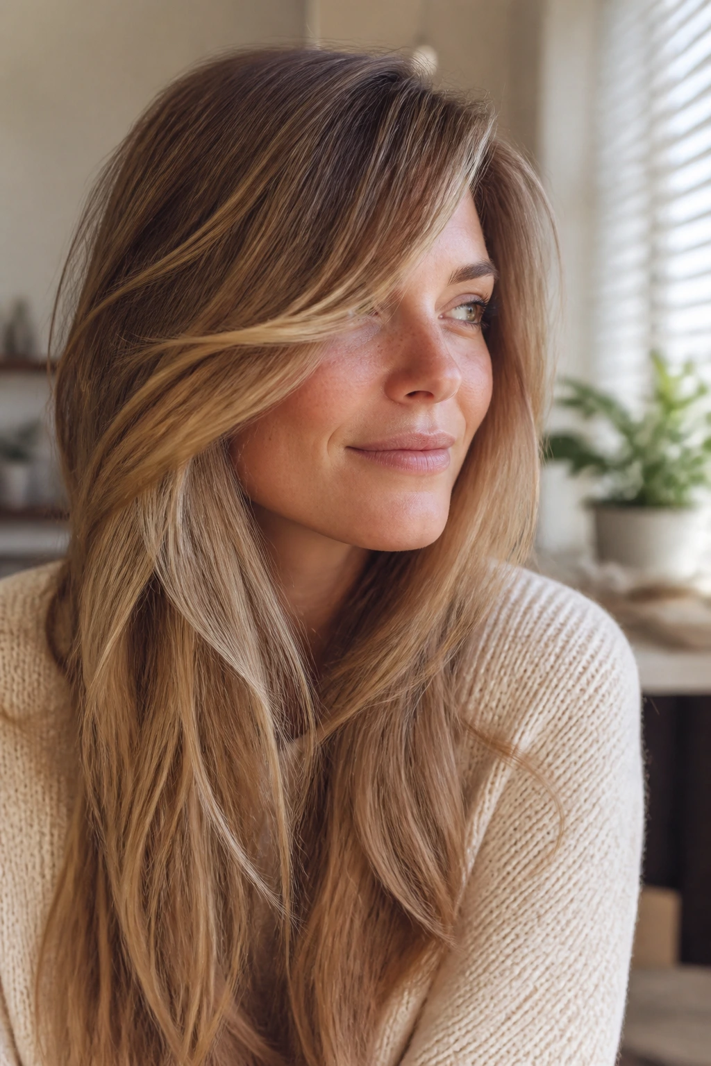Close-up of a real woman with long layered side fringe across the cheek