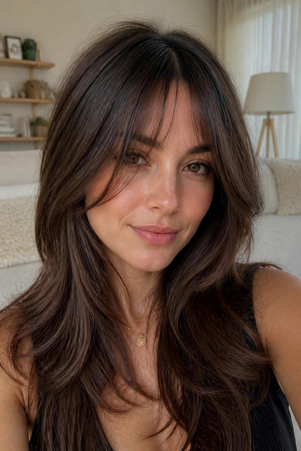 Close-up portrait of a real woman with long layered fringe framing the cheeks