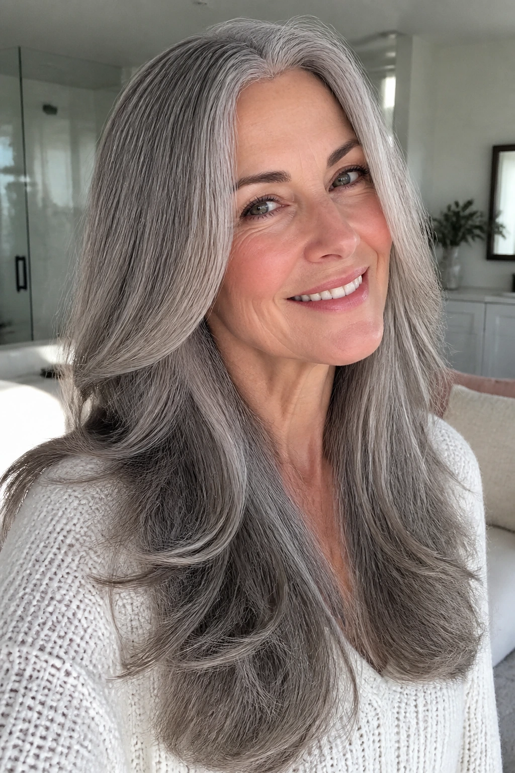 Close-up of long layered gray hair with glossy finish on a real person
