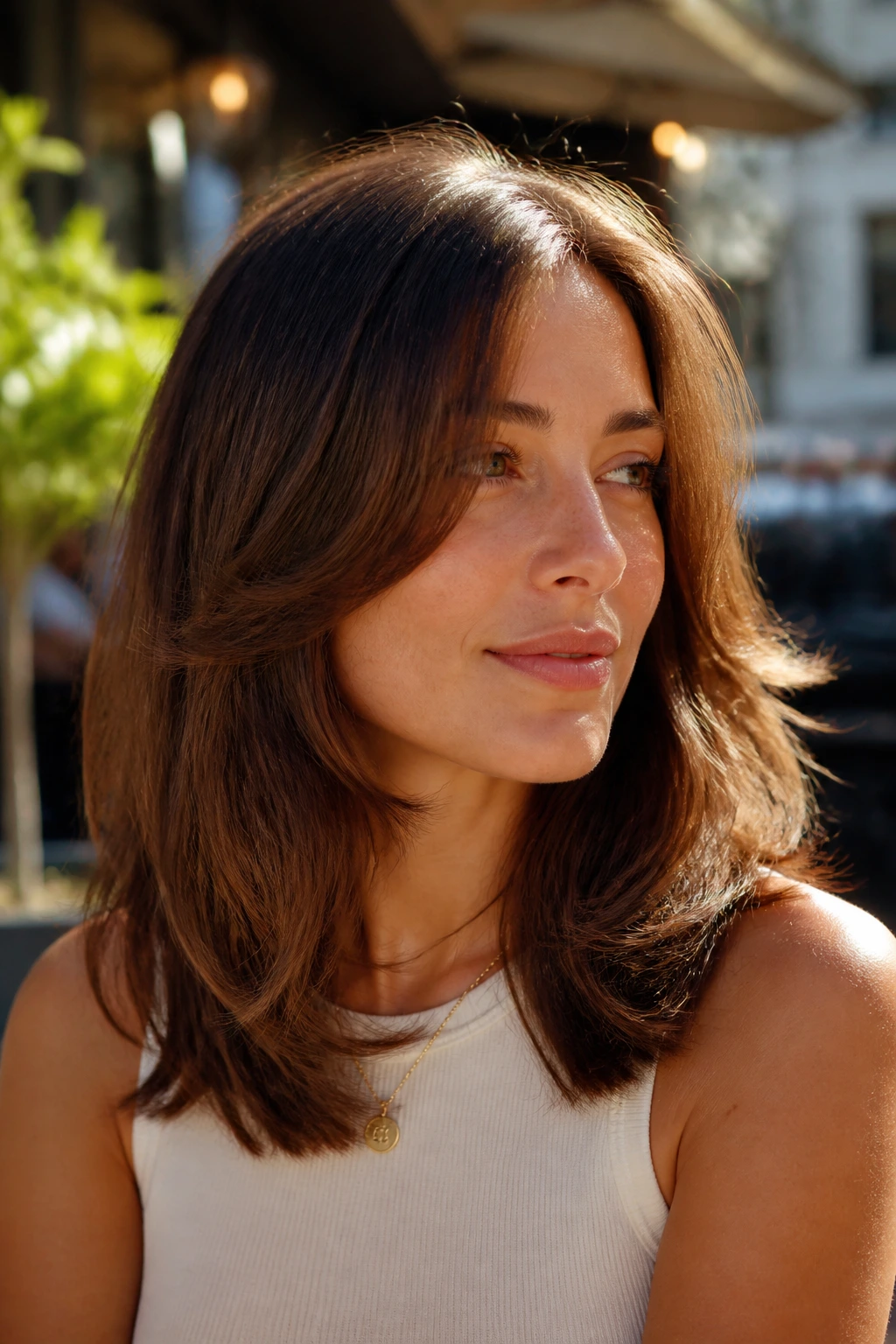 Close-up of a real woman with long layered shoulder cut
