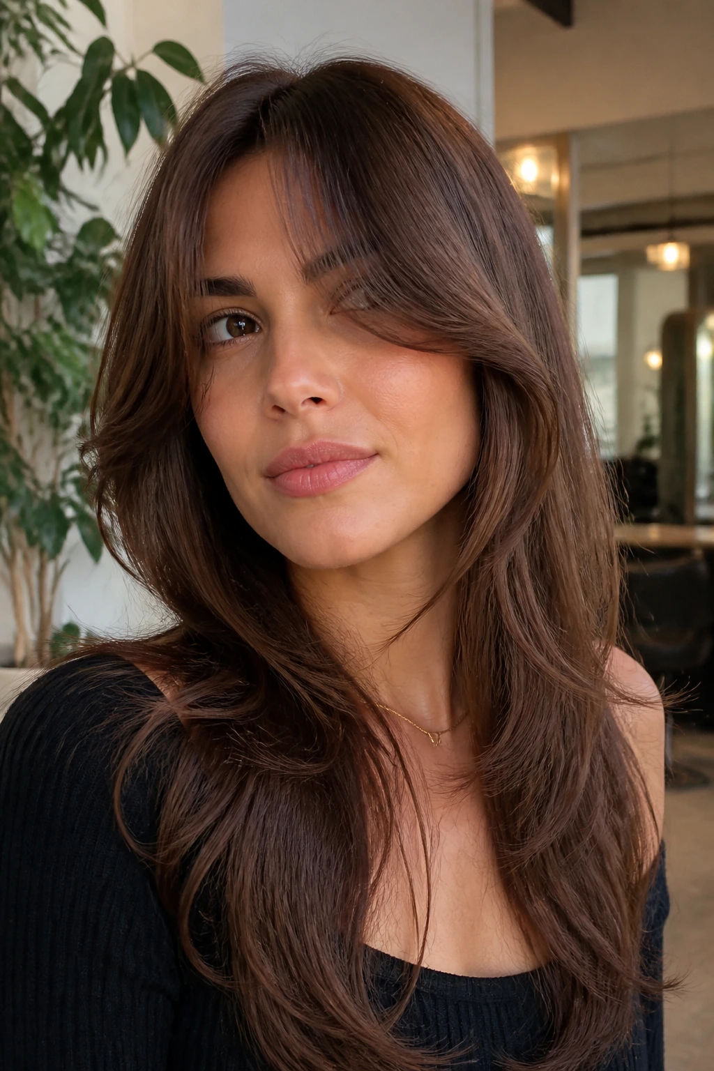 Portrait of a woman showing swing in long layered hair with curtain bangs