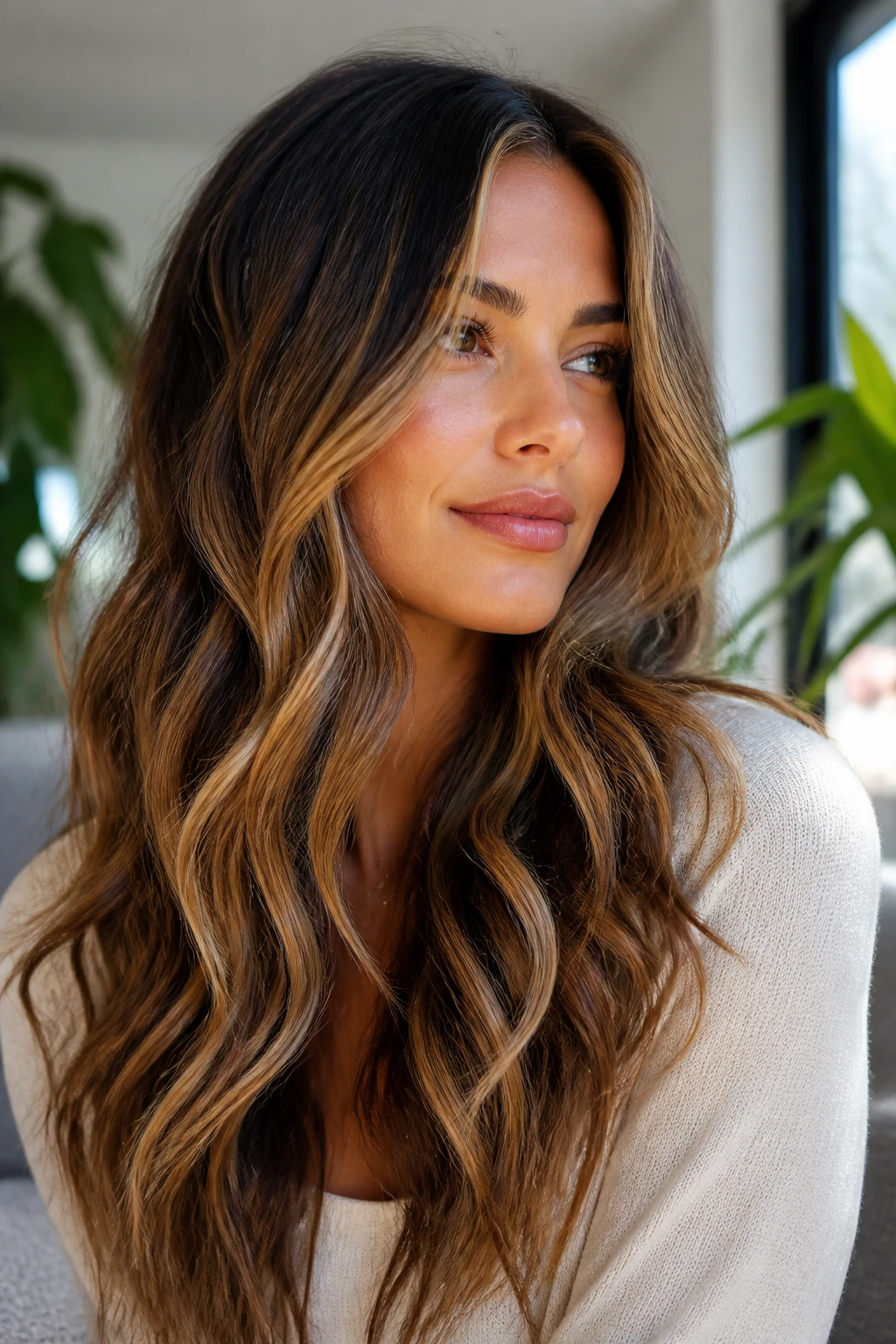 Close-up of a real woman with long layered hair in ribbon waves under warm natural light.