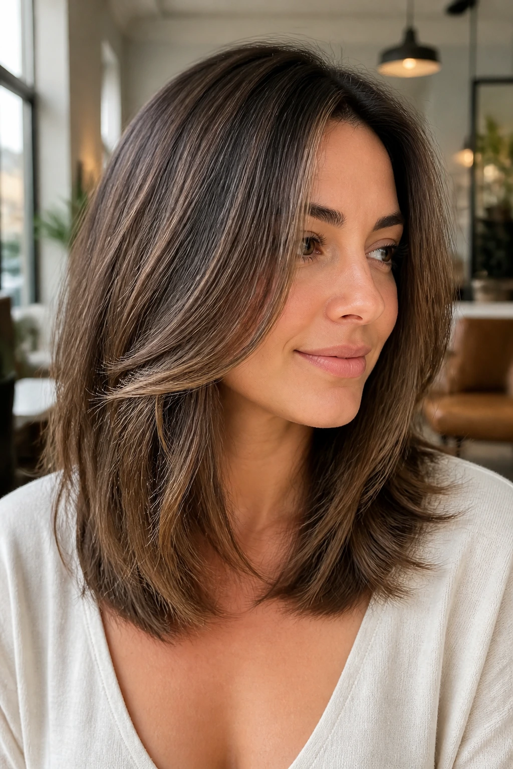 Portrait of a real person with a long layered lob showing mid-length layers.