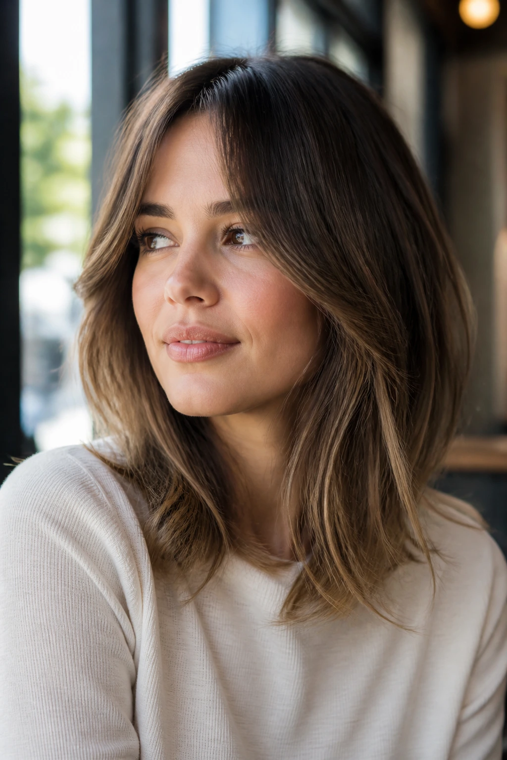 Close-up of a woman with long layered lob and curtain bangs framing her face in natural light