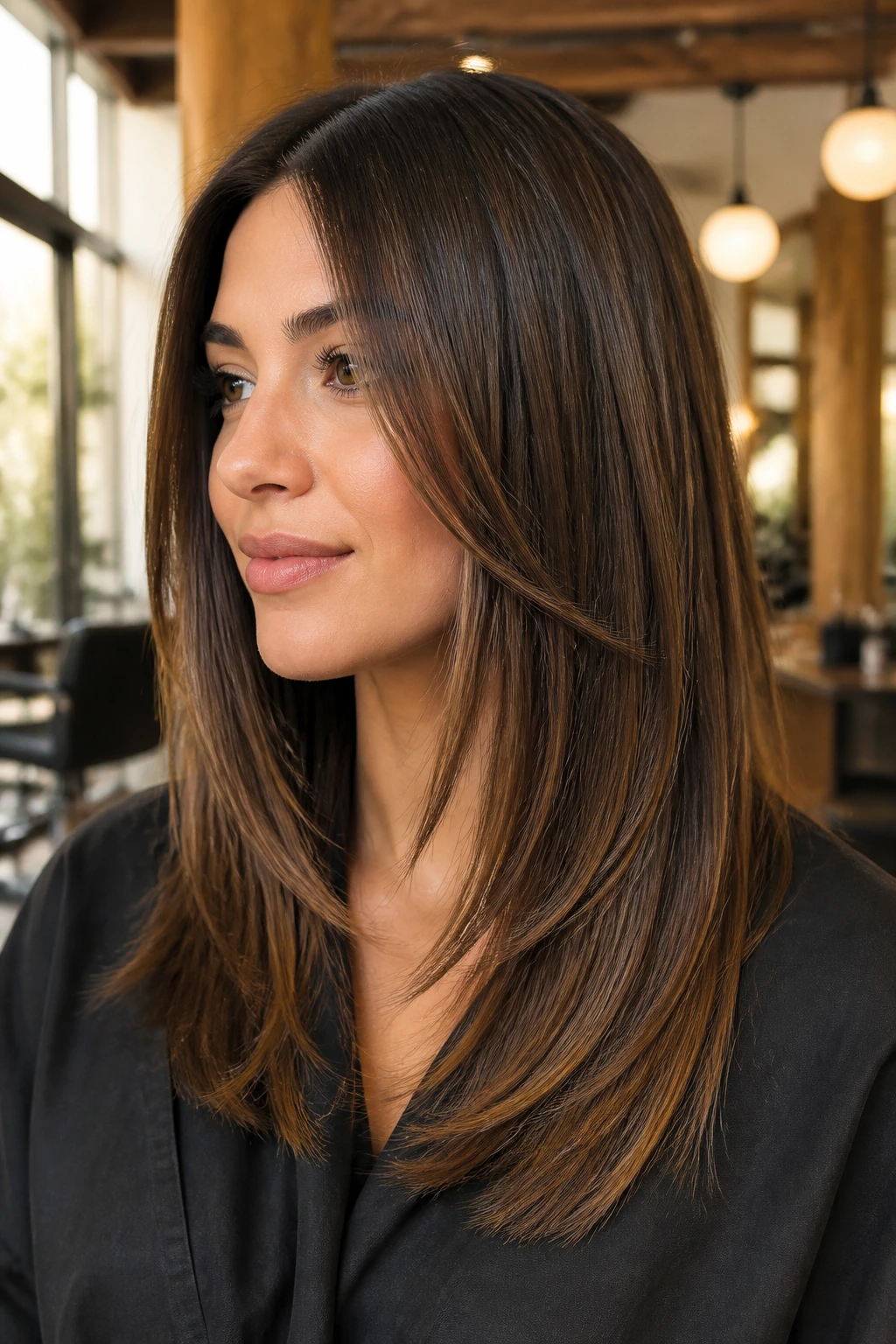 Portrait of a real woman with a long layered lob removing heavy bottom