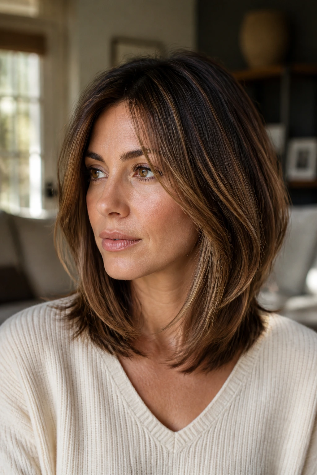 Close-up portrait of a real woman with a collarbone-length long-layered lob in warm window light.