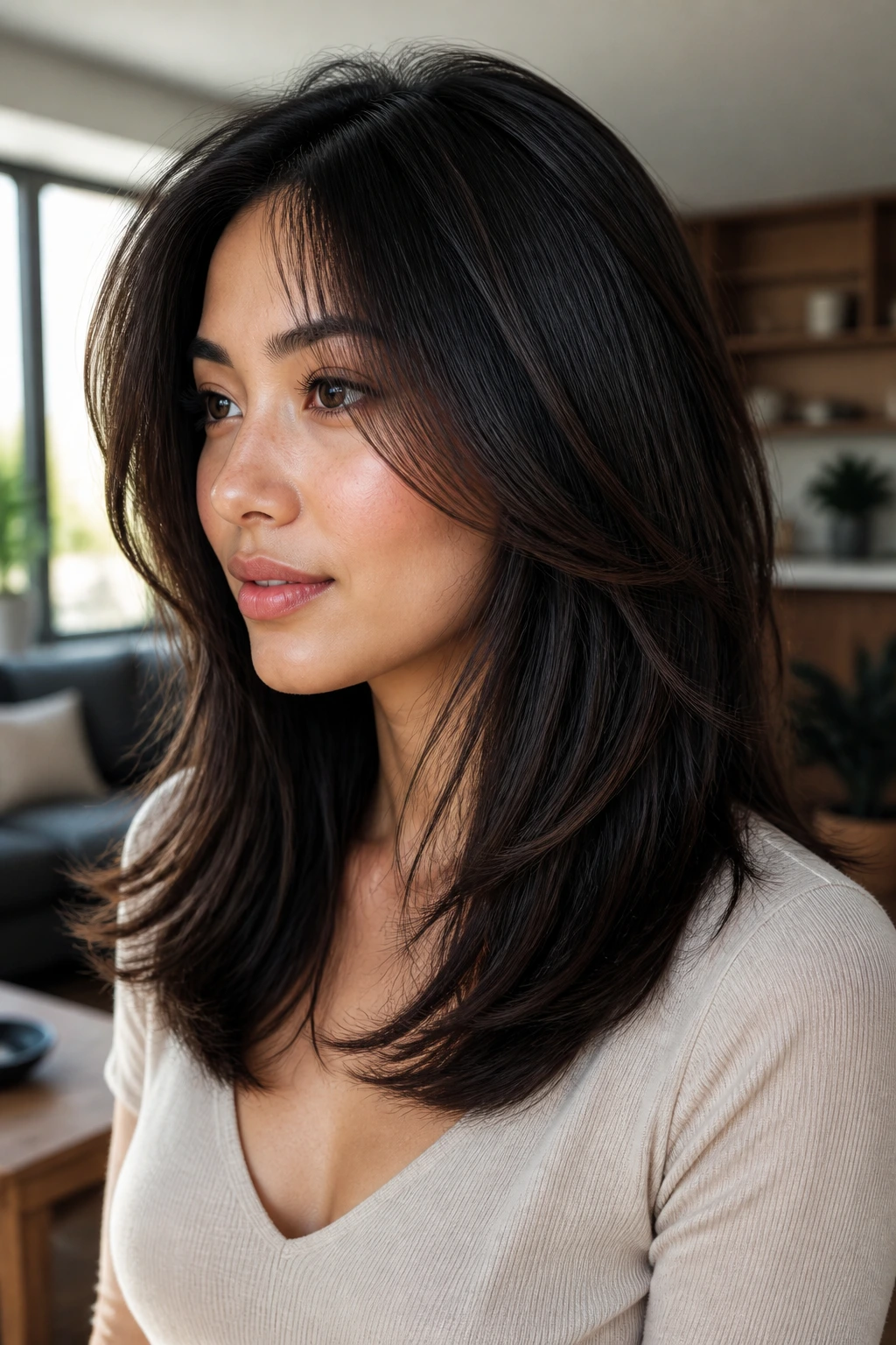 Close-up of a real woman with a long layered lob for thick hair
