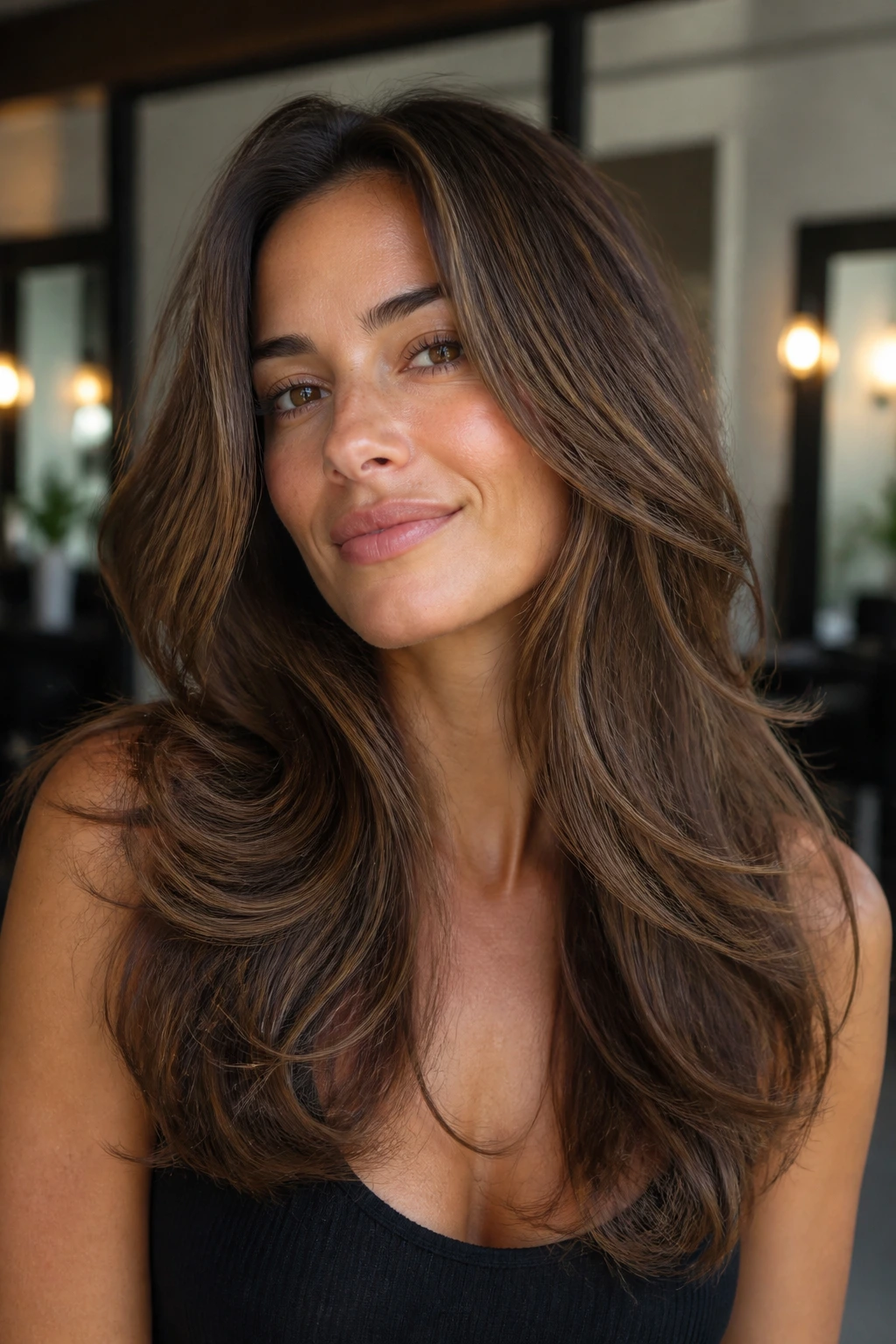 Close-up of a real woman's long layered hair showing movement and lift in natural light.