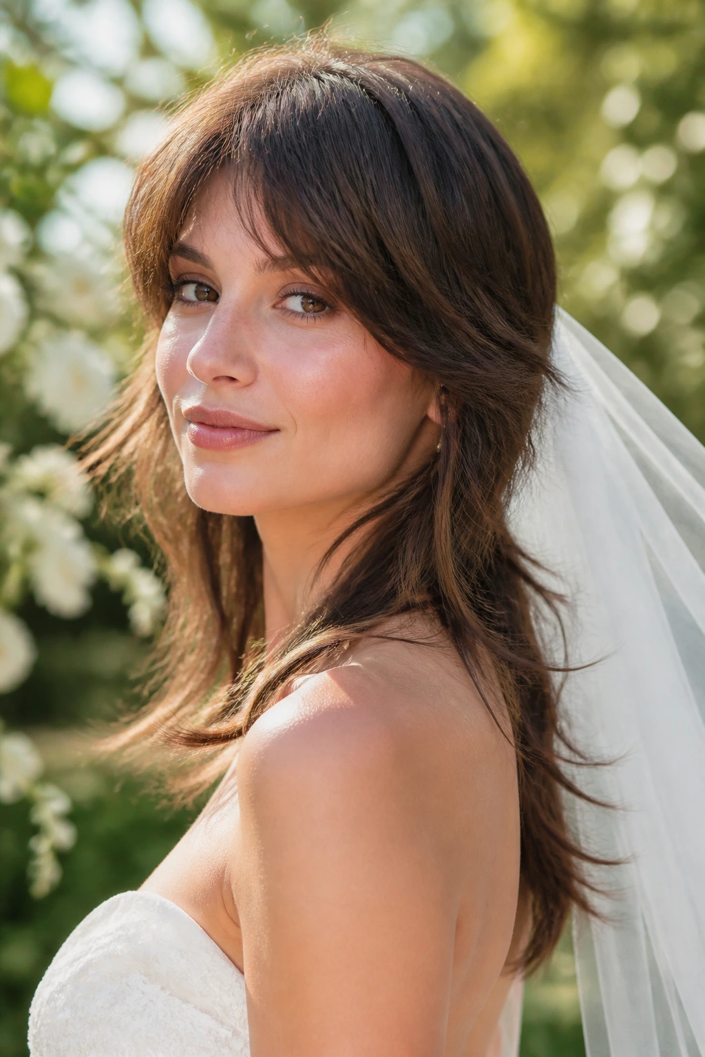 Bride with long-layered low-drama mullet under soft wedding lighting.