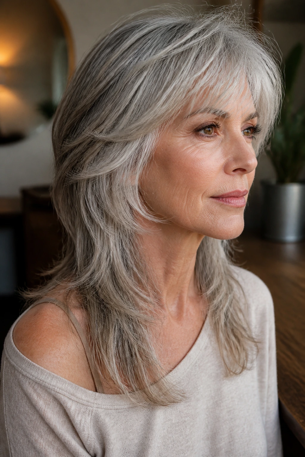 Real woman with long layered mullet and gentle tail