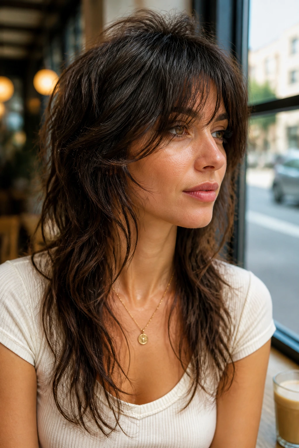 Portrait of a woman with long layered mullet showing face-framing layers and lifted crown.