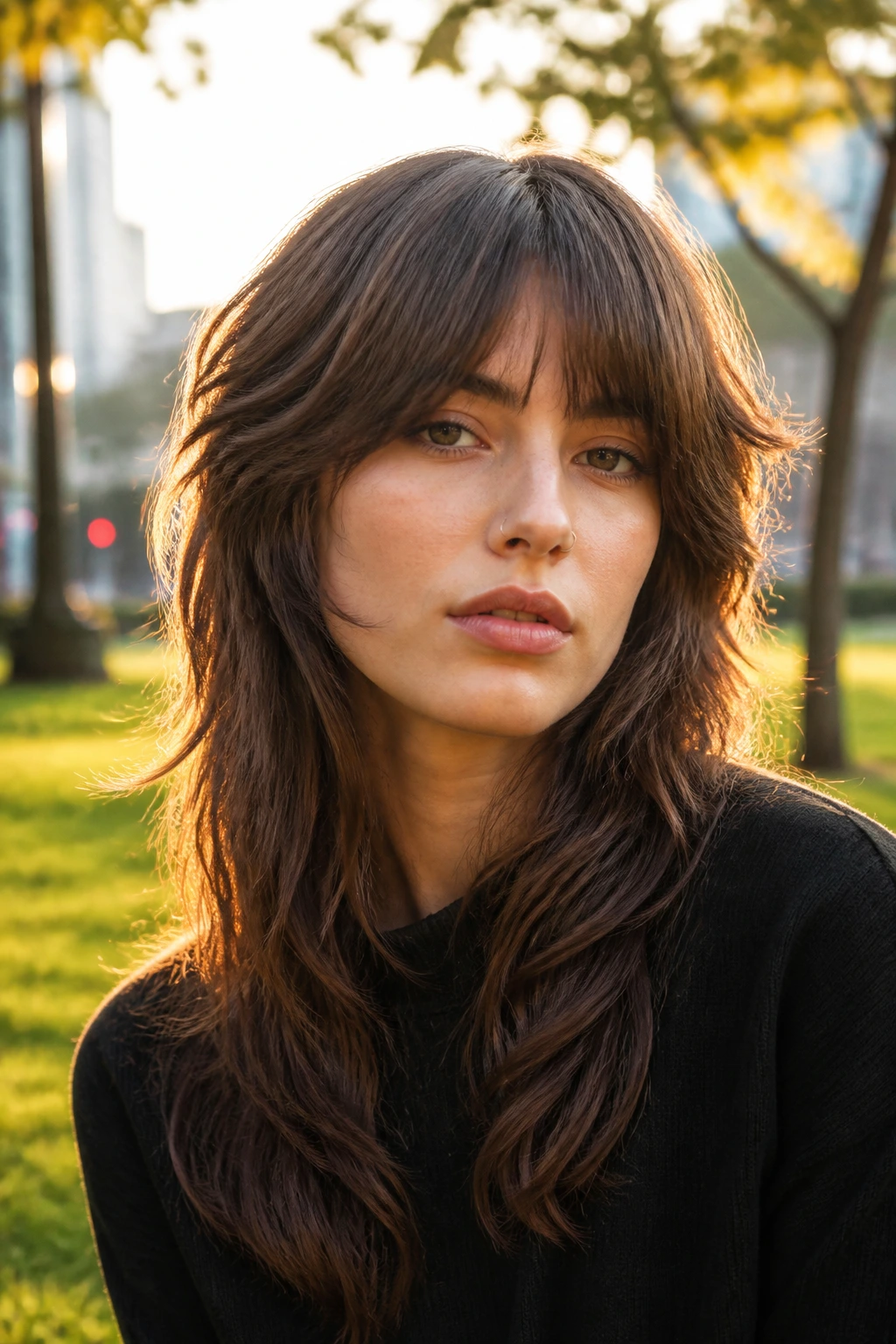 Portrait of a real woman with a long layered mullet in a sunlit park