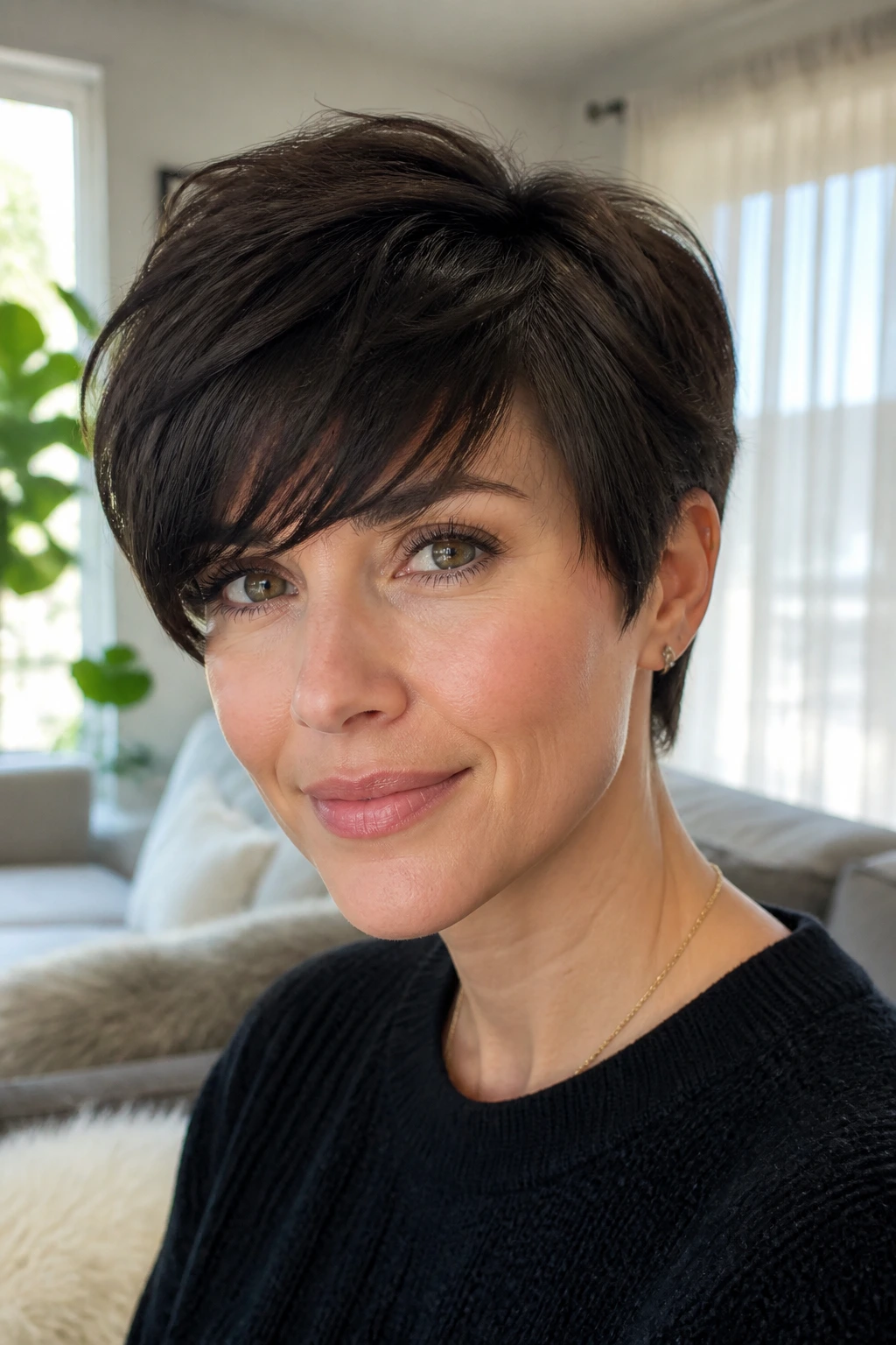 Close-up of a woman with long layered pixie brushing toward her eyebrows in a sunny living room.