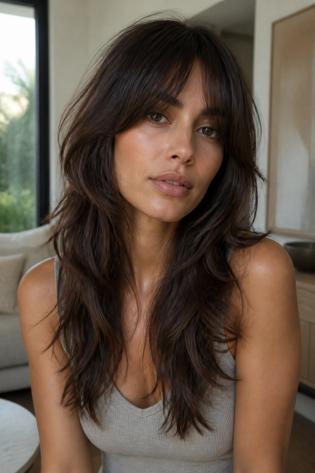 Portrait of a woman with long layered shag and bottleneck fringe.