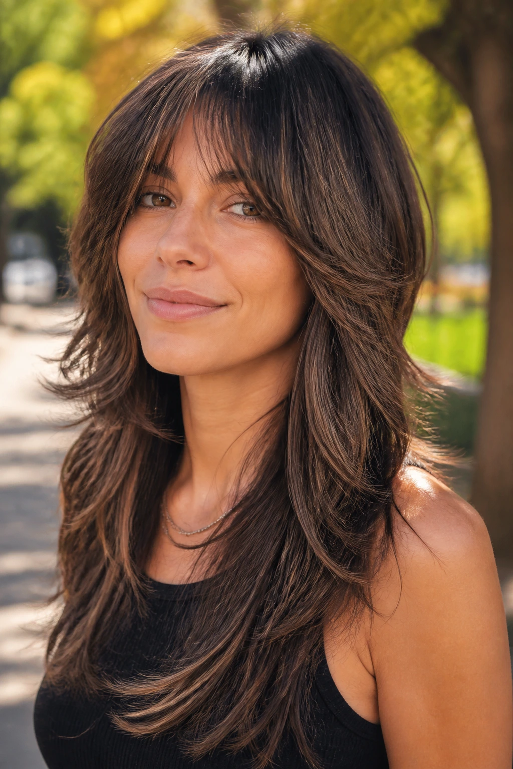 Brunette with long layered shag and mushroom brown highlights