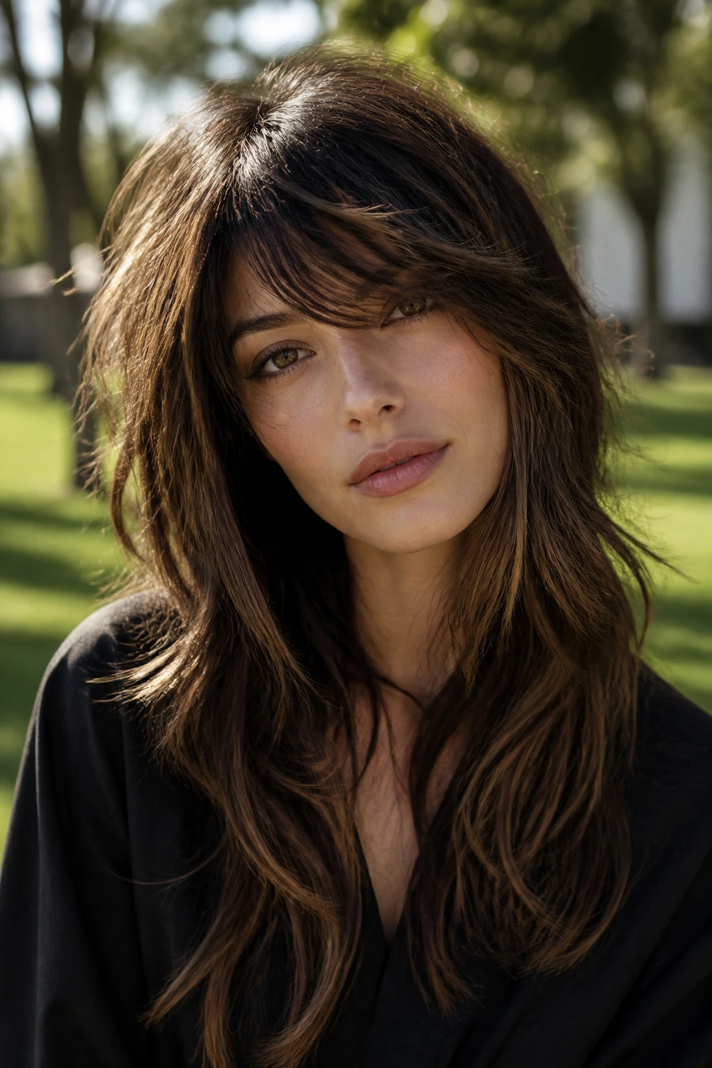Real person with long layered shag and sweeping fringe outdoors.