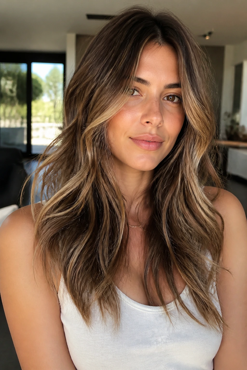 Close-up portrait of a woman with long layered waves