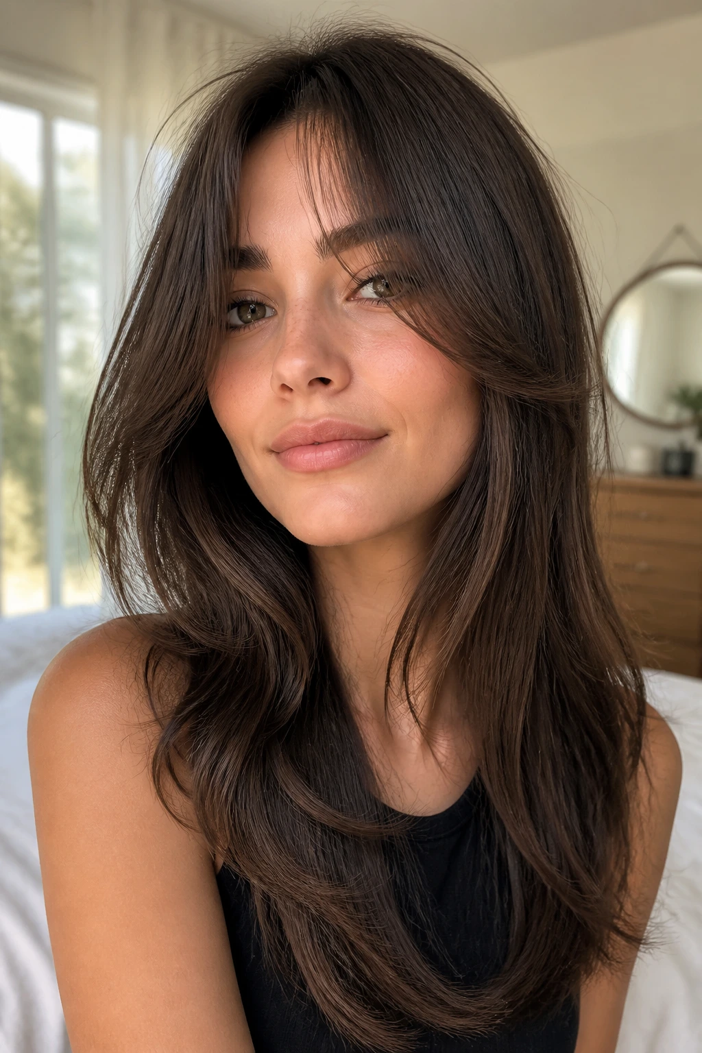 Portrait of a woman with long layered hair and curled-in bangs in bright light