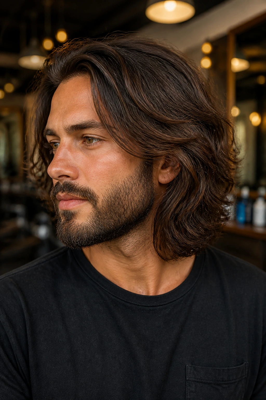 Close-up portrait of a man with long layers blending into a beard