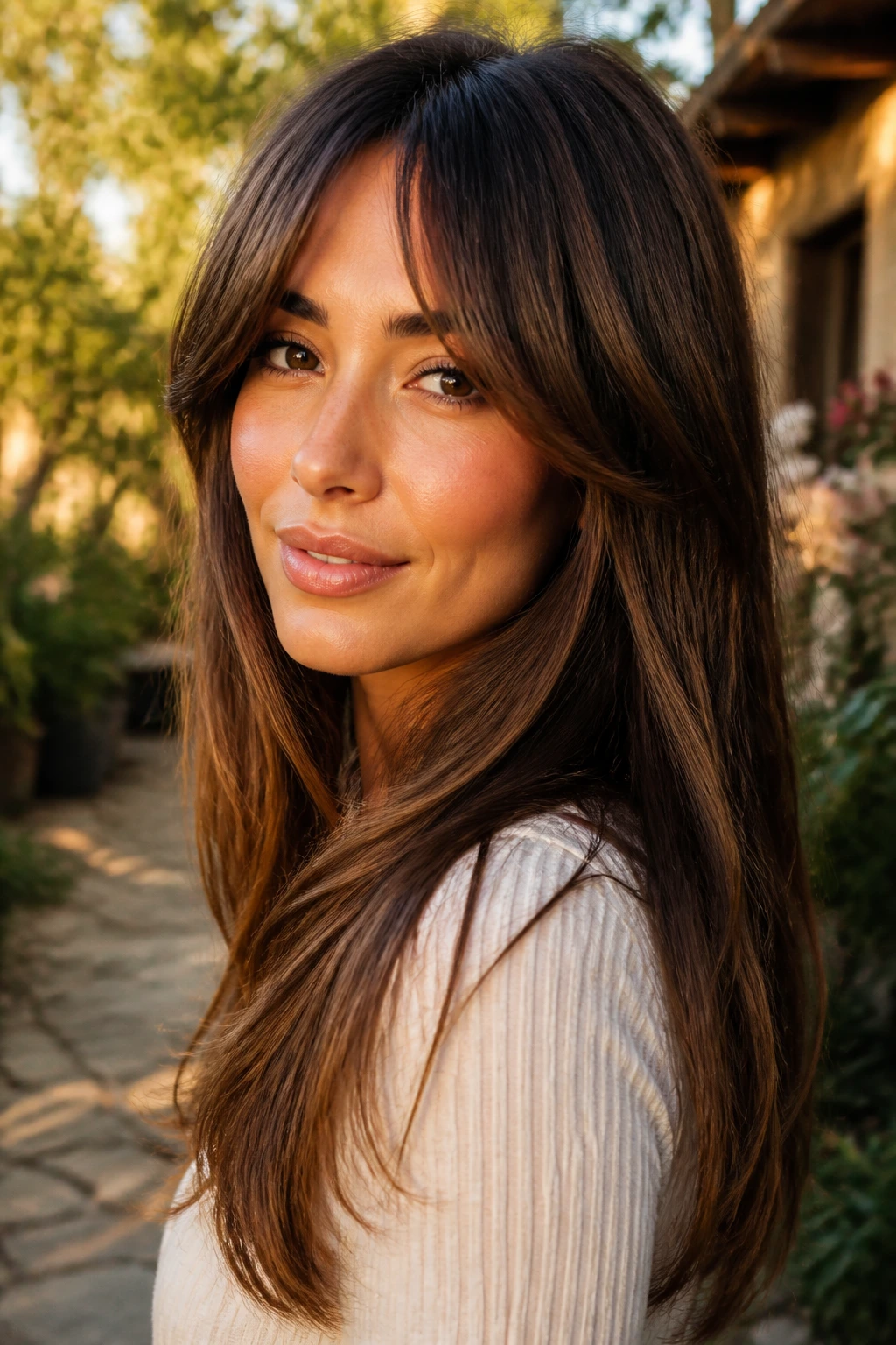 Real person with long layers and bottleneck bangs