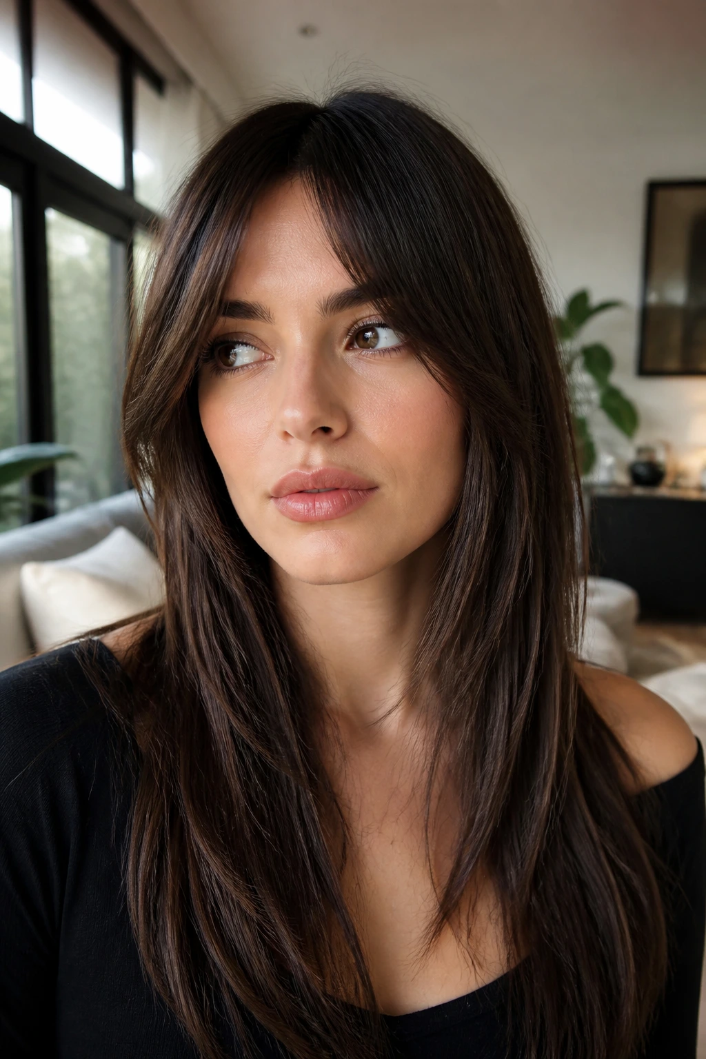 Close-up portrait of a real woman with bottleneck bangs and long layers framing the forehead.