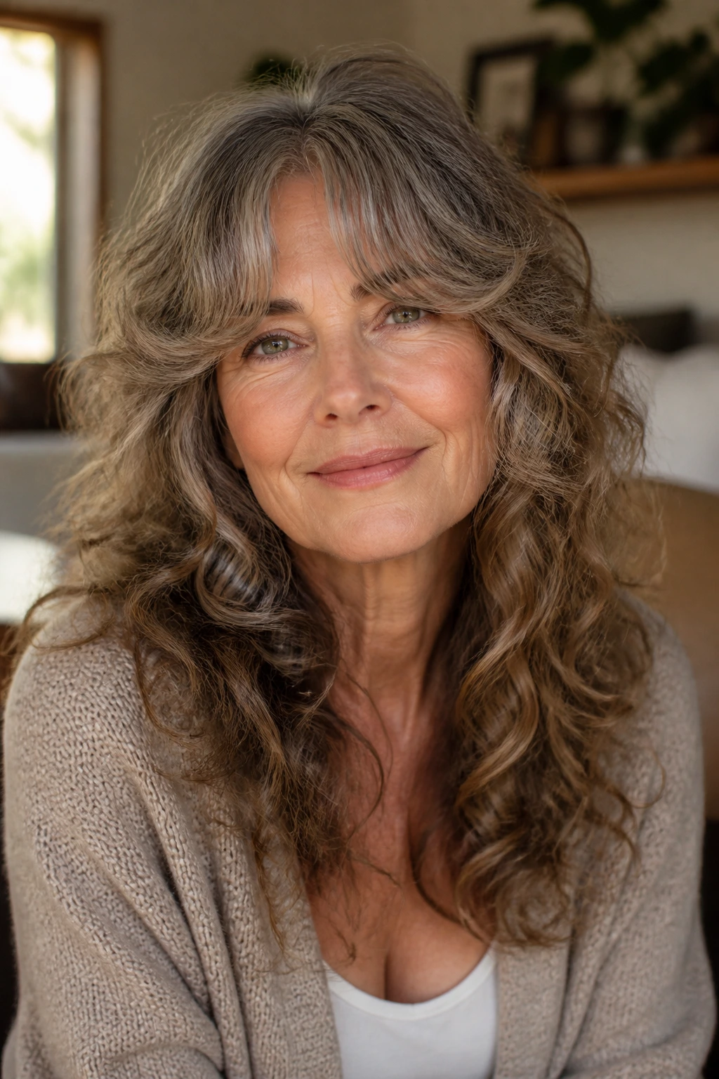 Close-up of an older woman with bottleneck bangs and long layered curls lit by natural window light.