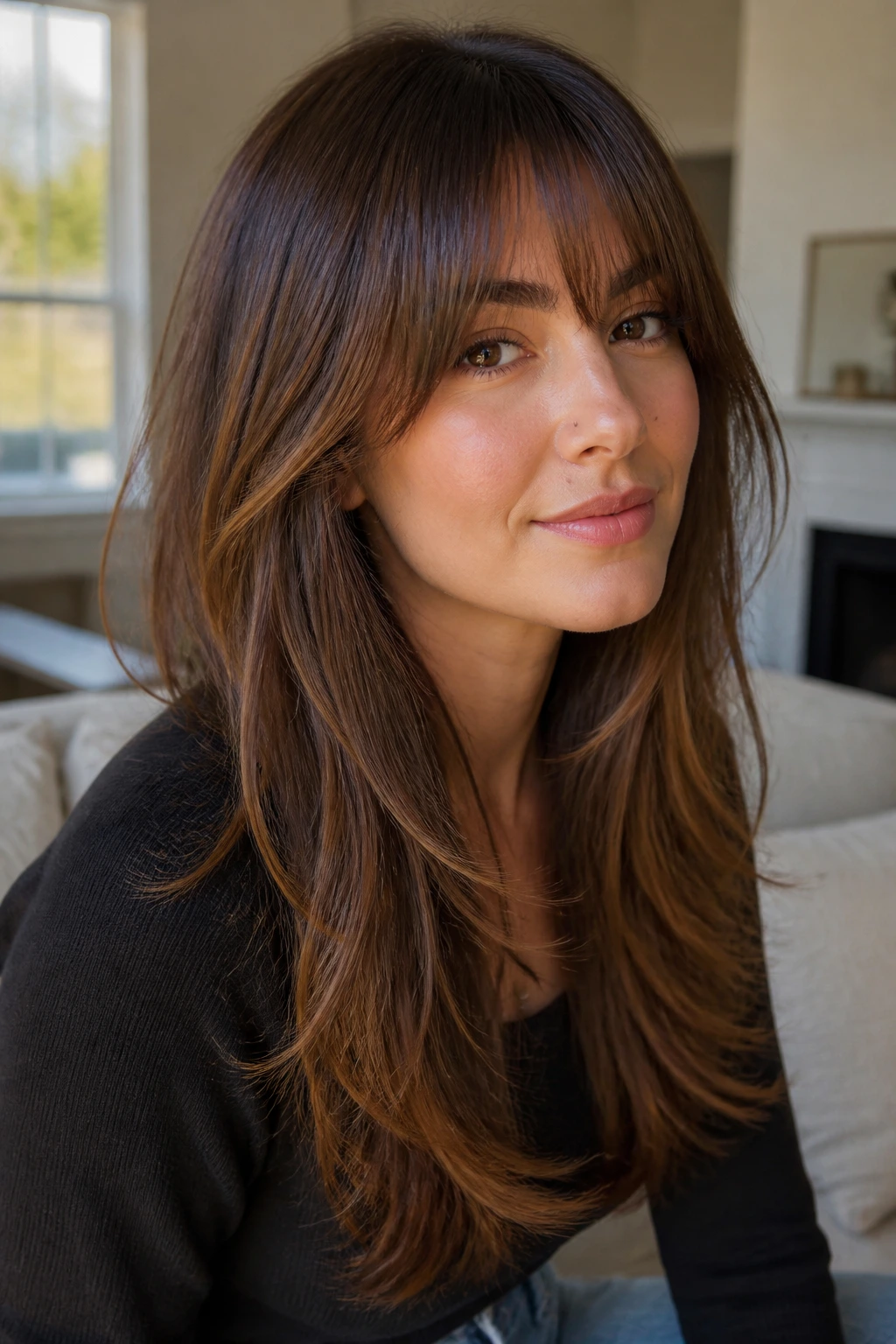Close-up of a real woman with bottleneck bangs and long layered chestnut balayage under natural window light