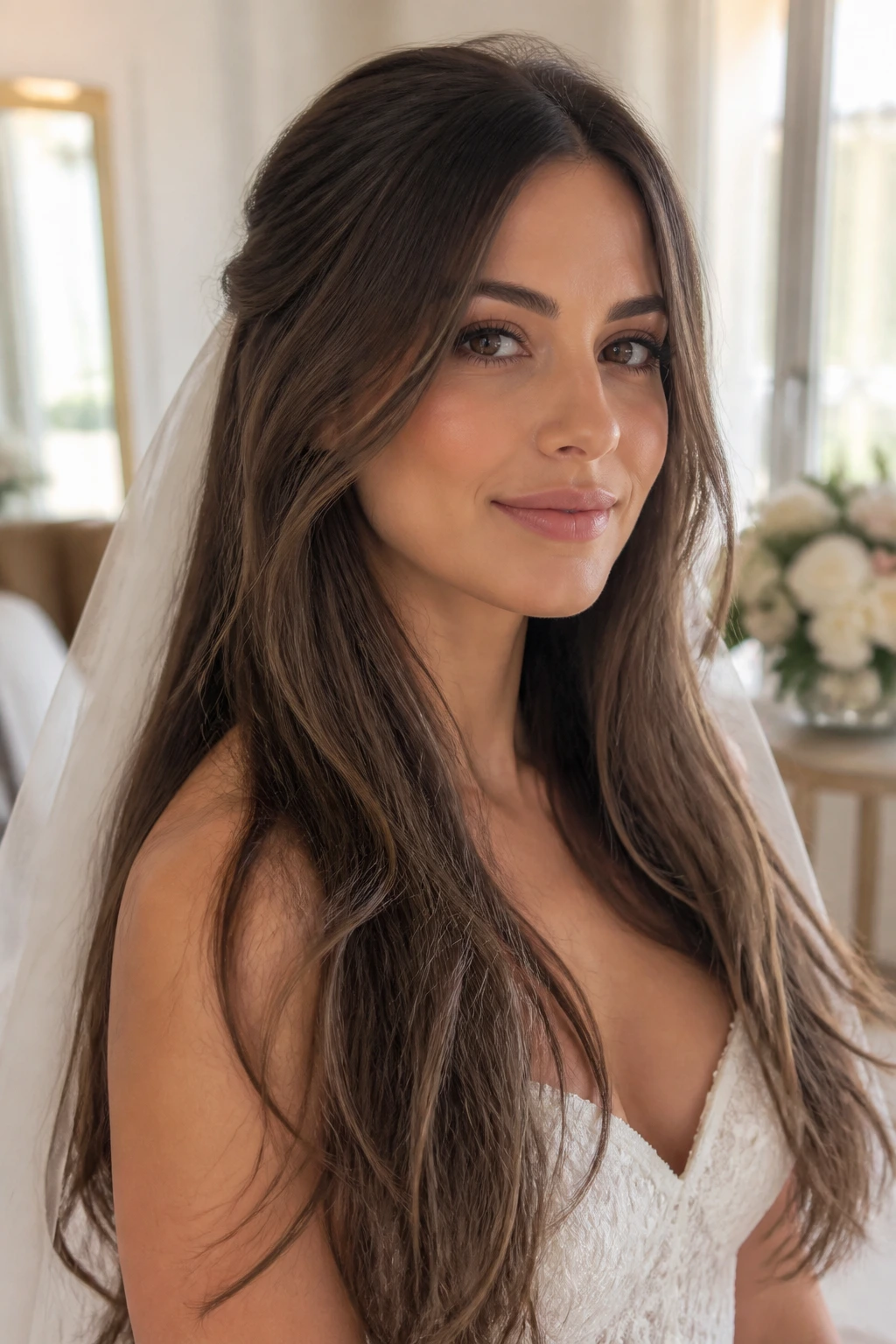 Bride with long hair and soft invisible layers, close-up portrait