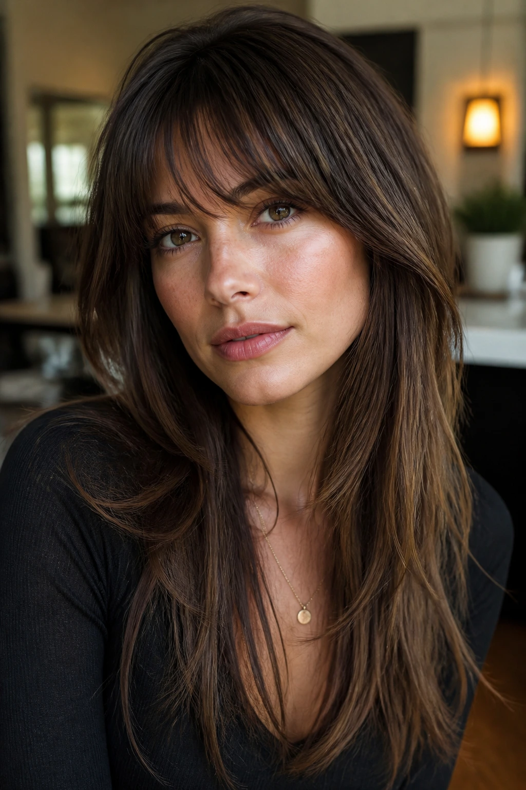 Real woman with long layers and brow-skimming fringe in a cozy setting.