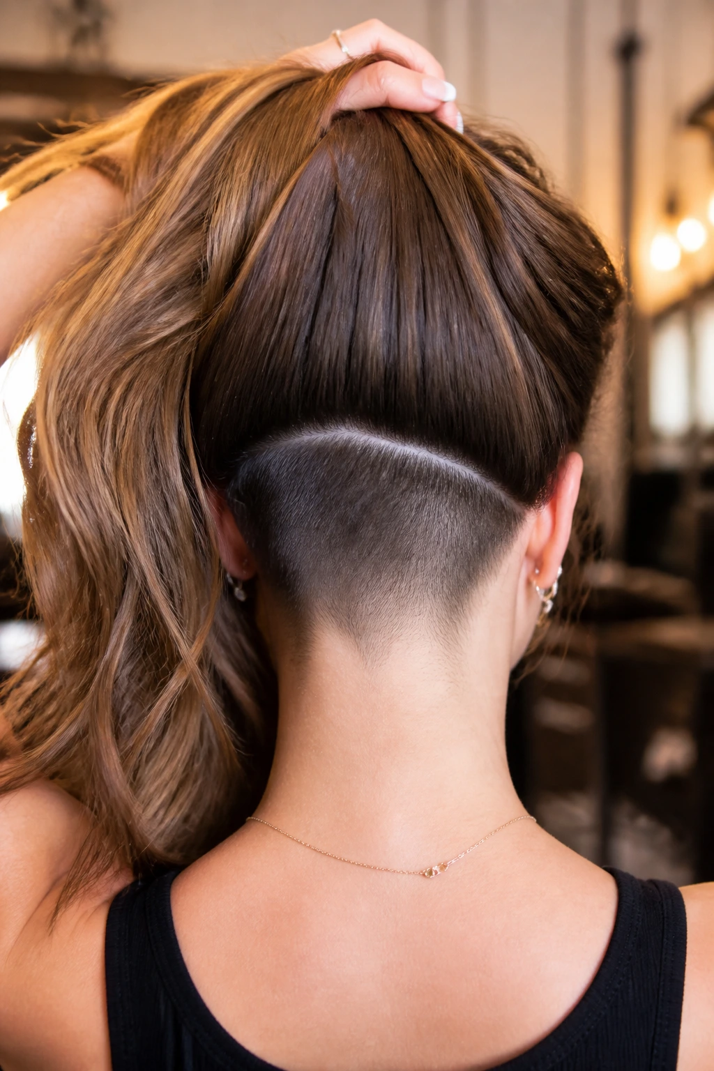Back-of-head close-up showing hidden undercut bulk reduction under long layers