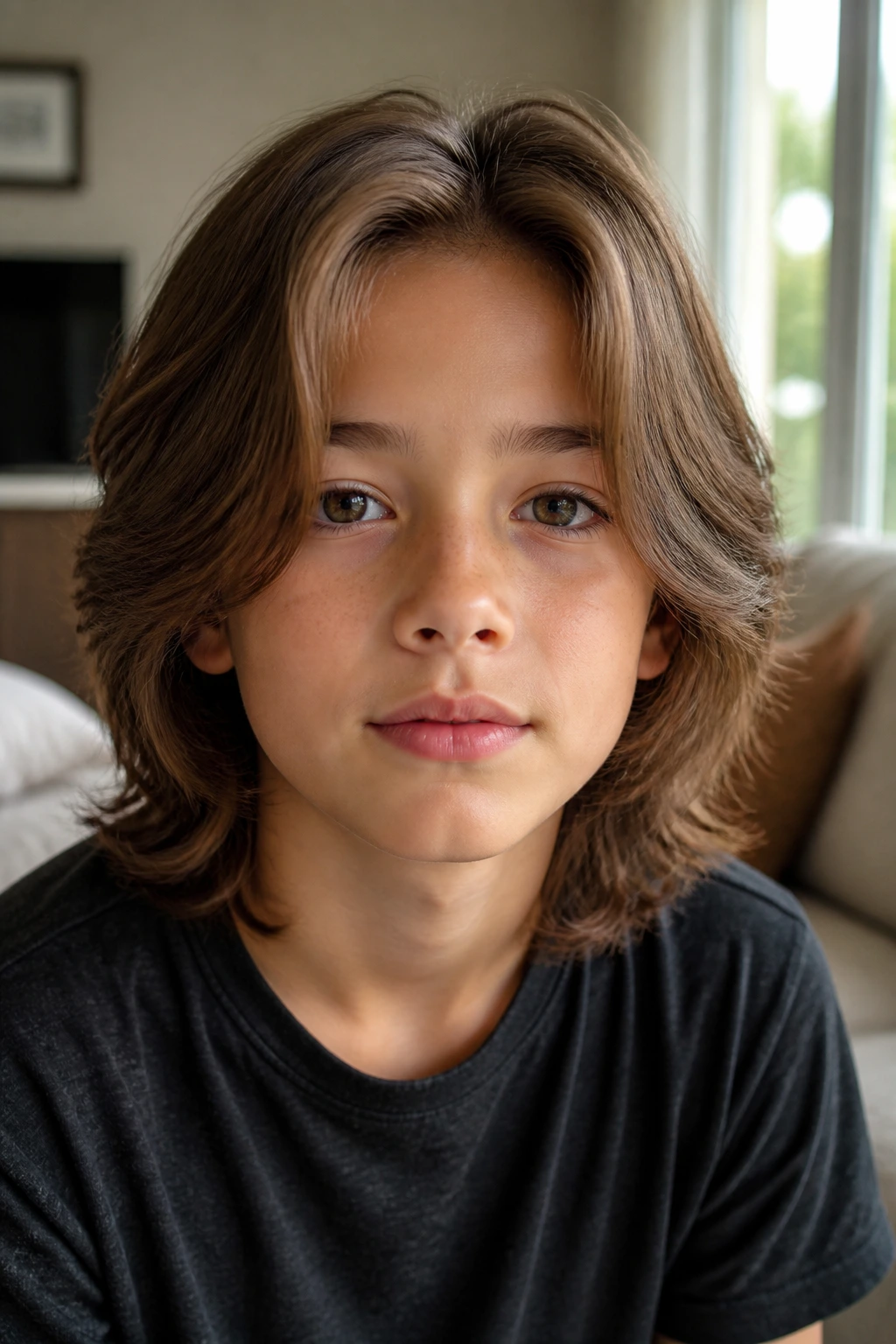 Close-up of a boy with long layered hair and center part