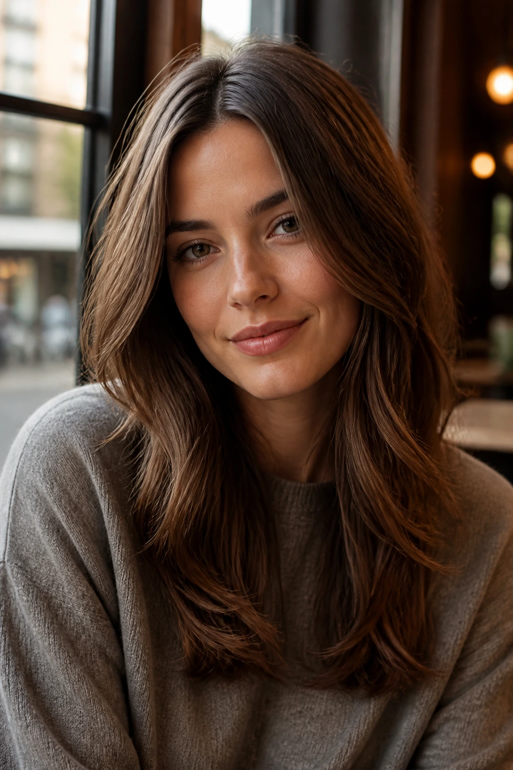 Close-up of a woman with long layered hair and a center part