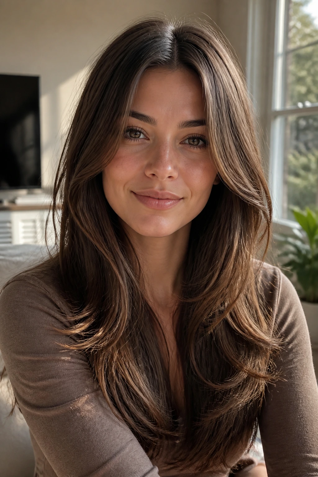 Close-up of a real woman with long layers and a center part framing the face