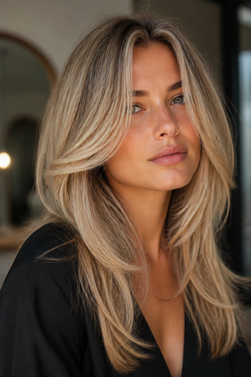 Close-up of blonde long layers framing cheeks and lifting the face
