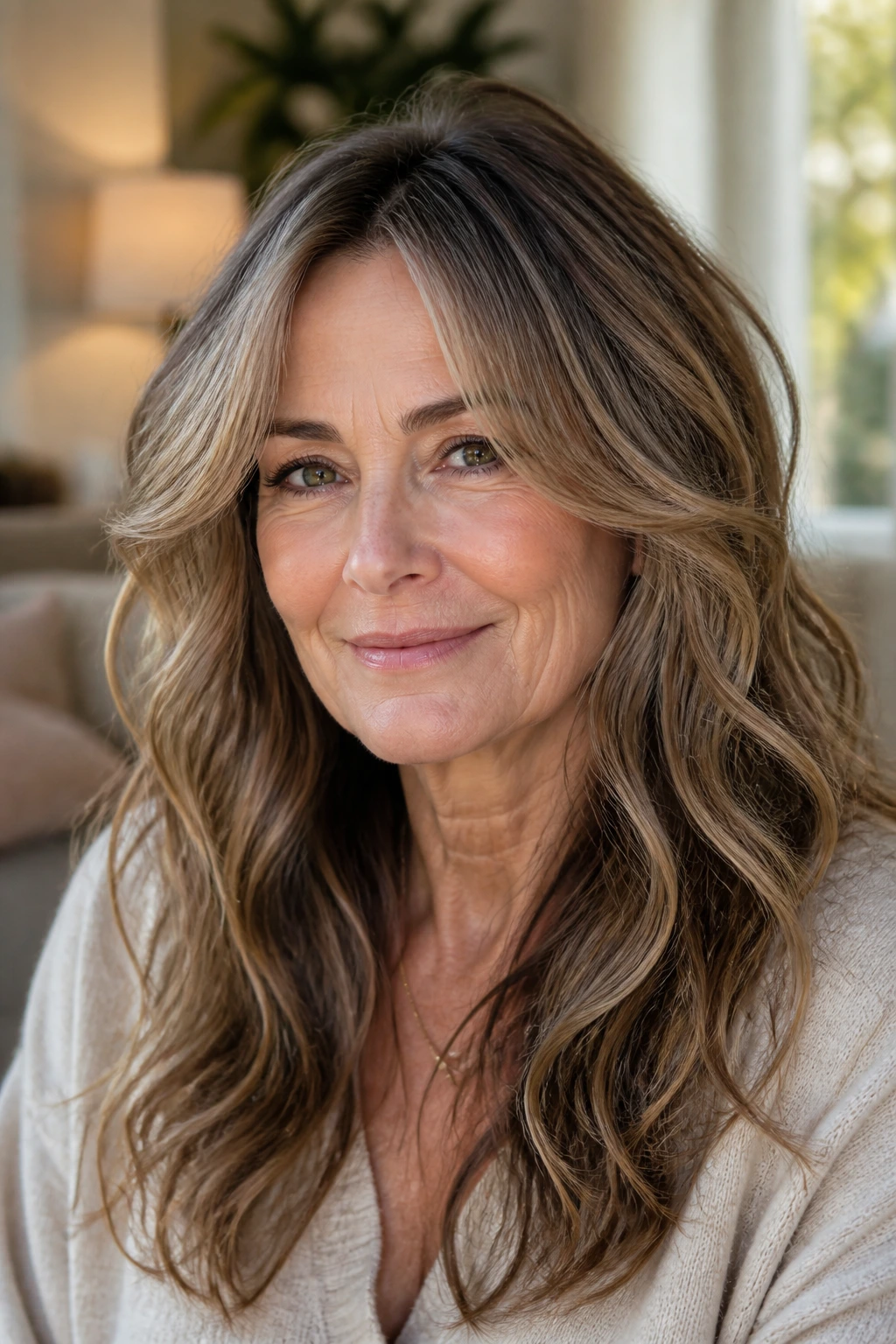 Close-up portrait of a real woman with cheekbone-framing long layers and waves