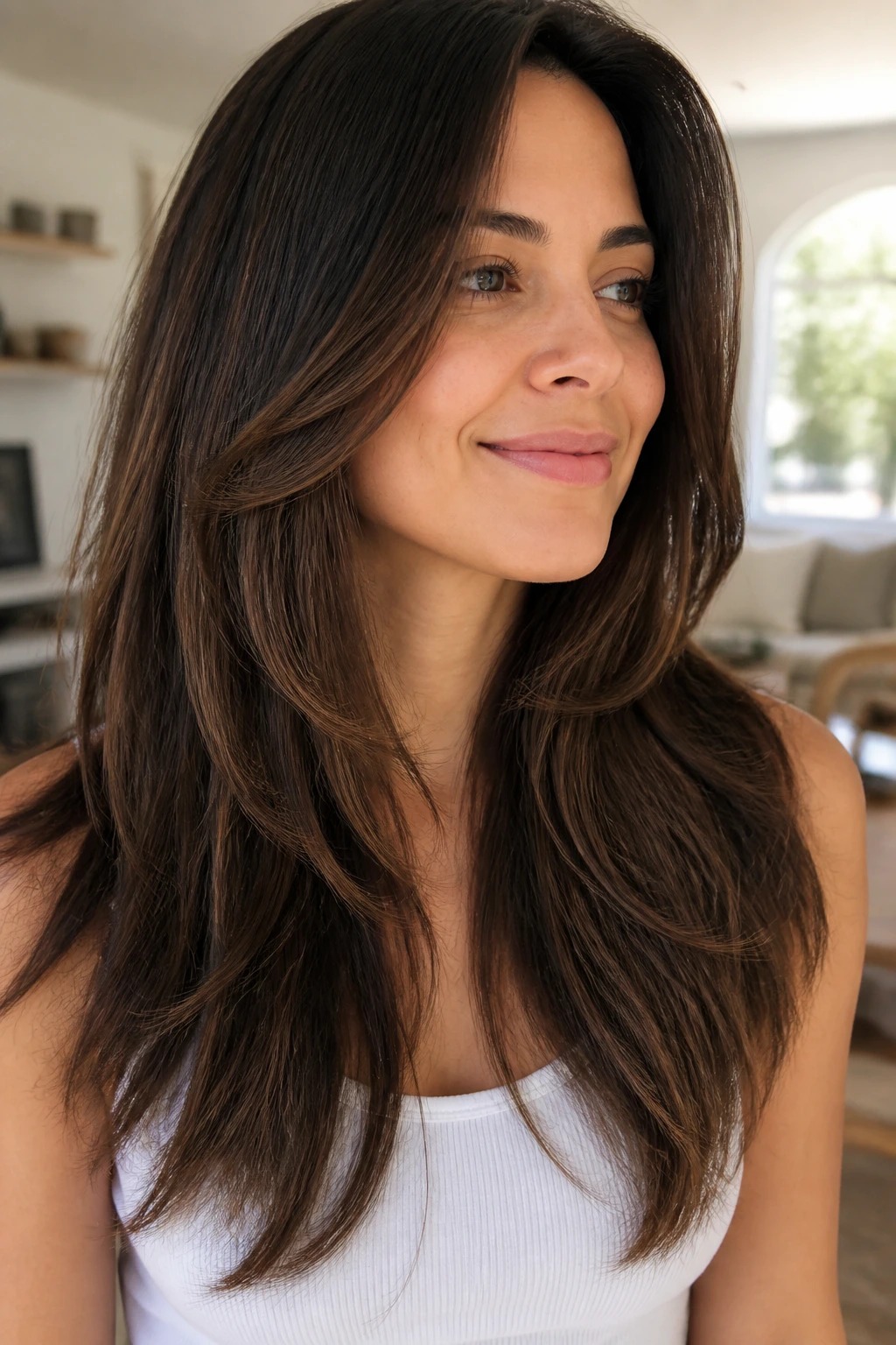Close-up of a woman with long face-hugging layers for coarse hair