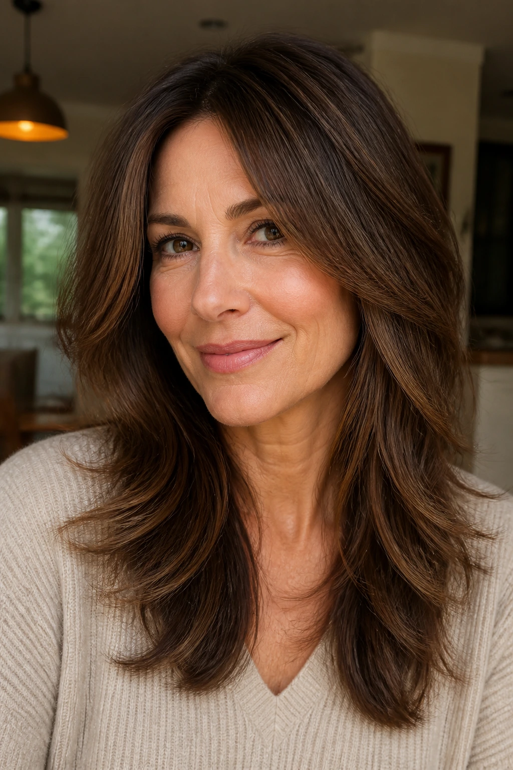 Close-up portrait of a real woman with long layers starting below the collarbone.