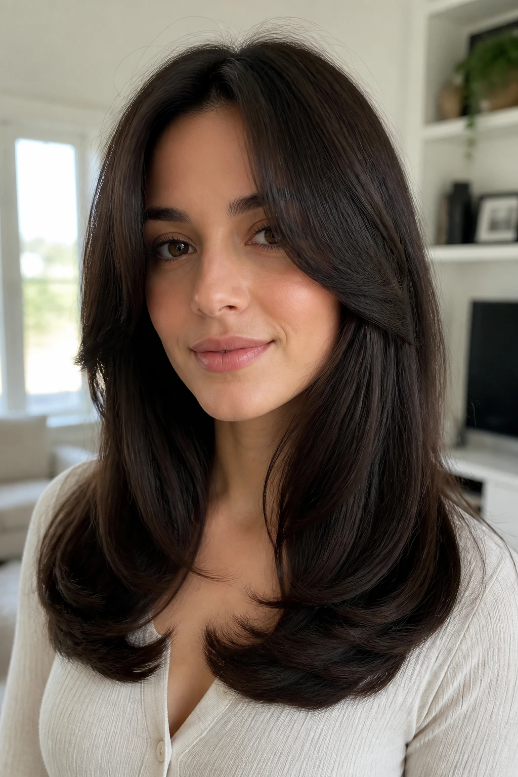 Real person with long layers and curled-under ends, curtain bangs framing the front