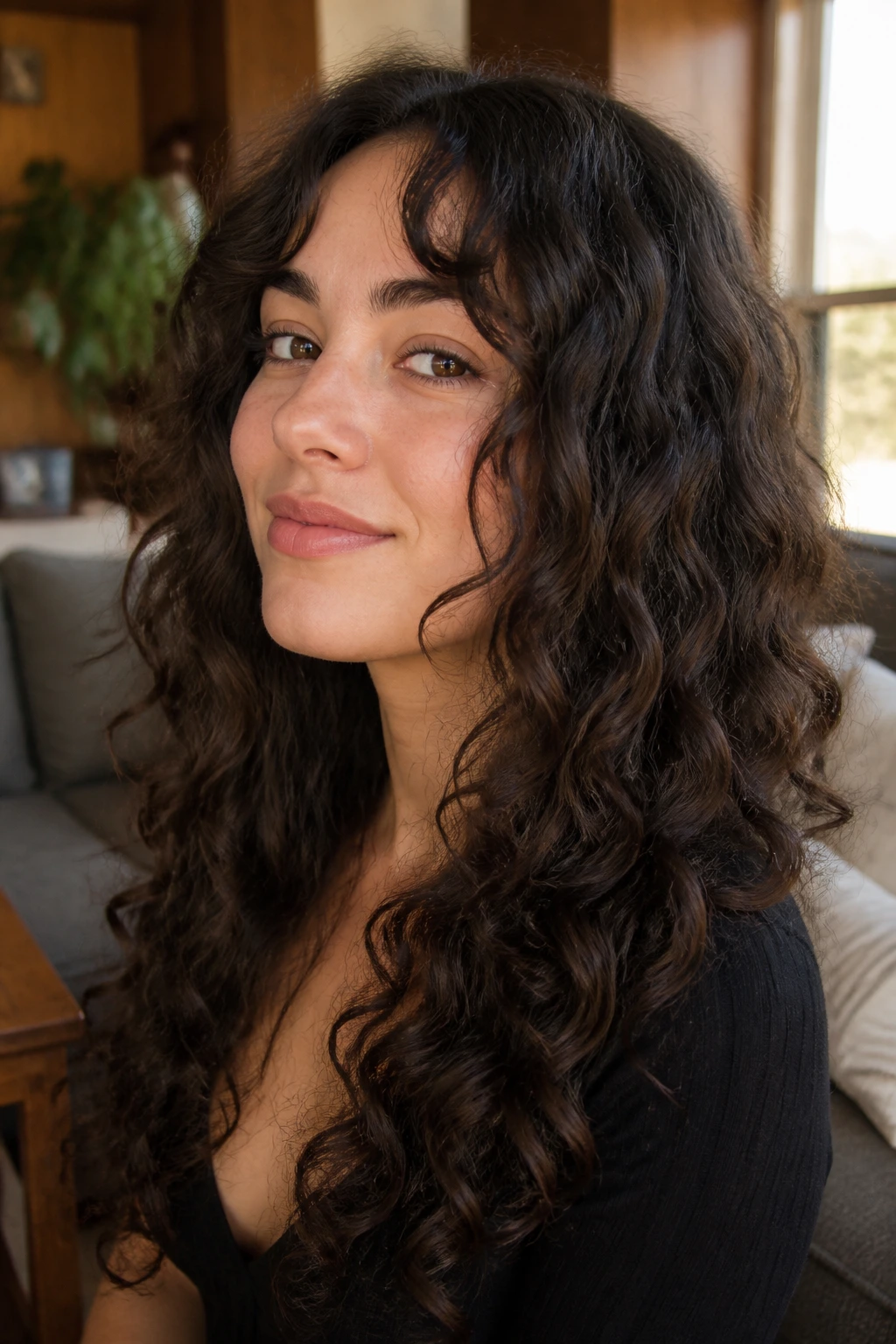 Close-up of a real woman with long curly layers falling past the cheekbones.