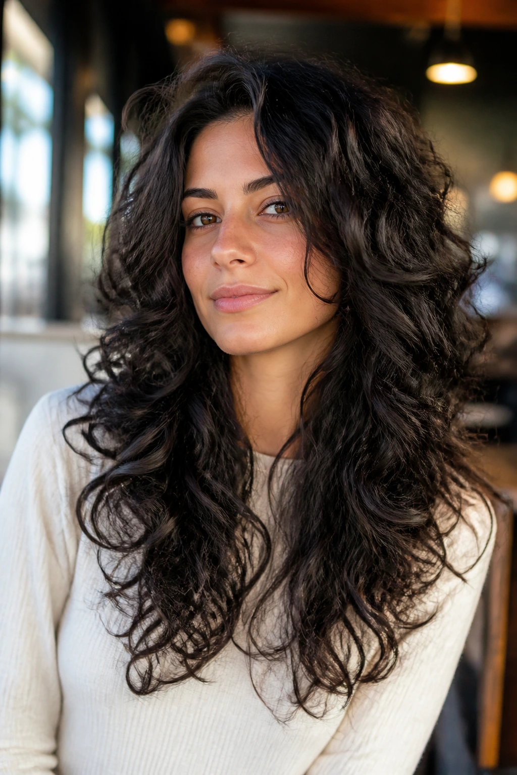 Close-up portrait of a real woman with long layered curly hair