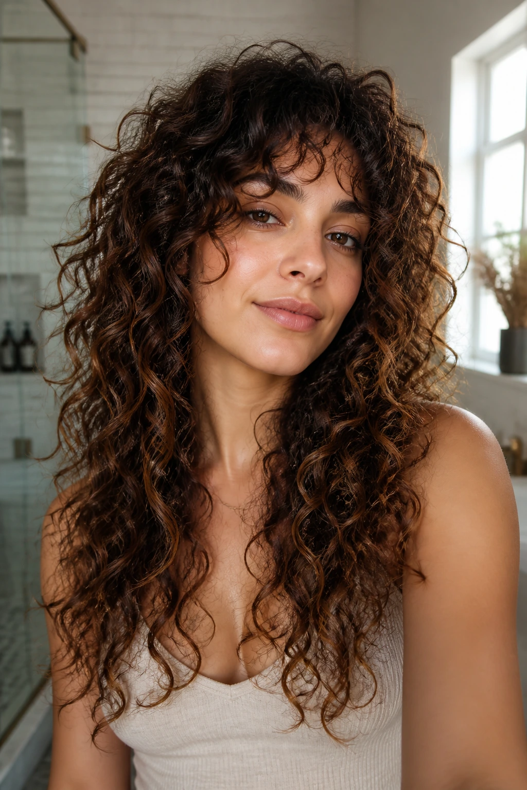 Close-up of a real person with curly hair showing weight distribution from long layers