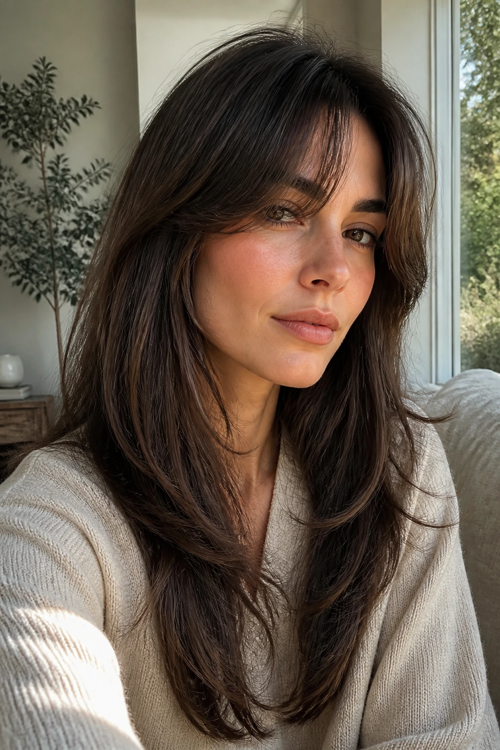 Close-up of a real woman with long layers and curtain bangs in a sunlit room