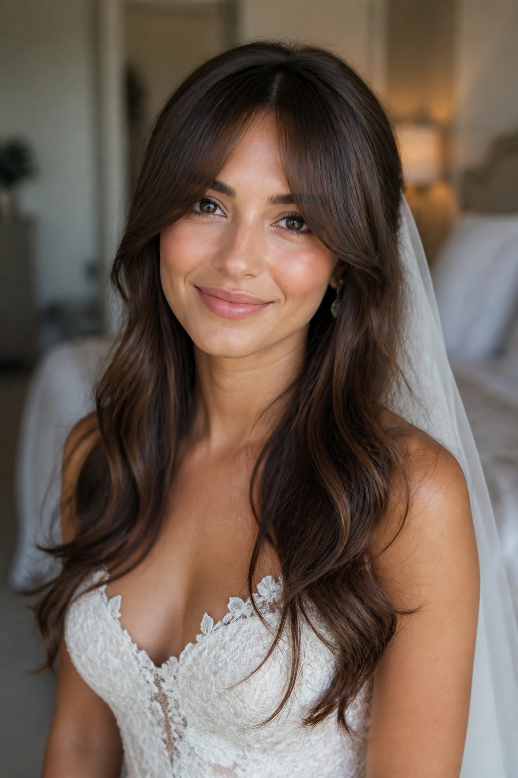 Bride with long layers and curtain bangs close-up