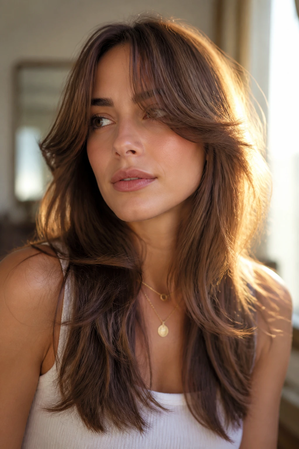 Portrait showing how long layers and curtain bangs complement each other on real hair